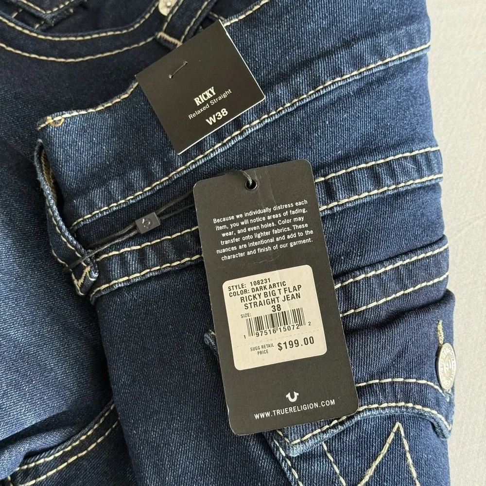 True Religions Ricky Big T Flap Straight Jeans Mens 38x34 Relaxed Dark Artic